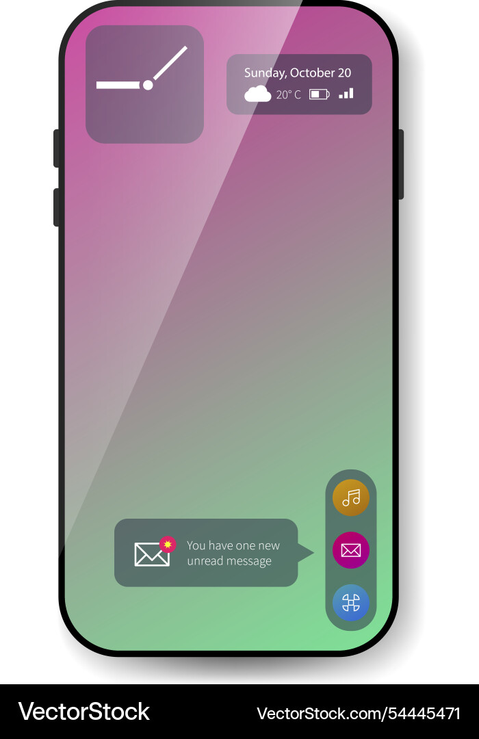 Gradient mobile interface with clock widget vector image