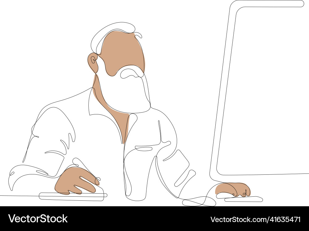 Man working desk in front of monitor during work Man working desk in front of monitor during work Vector Image