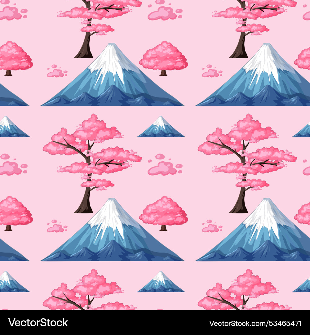 Seamless pattern with mountains and cherry trees vector image