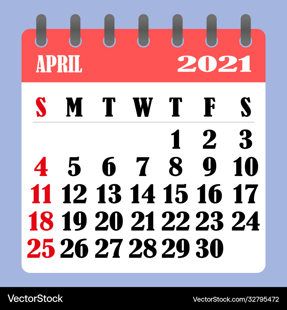 Letter calendar for april 2021 week begins vector image