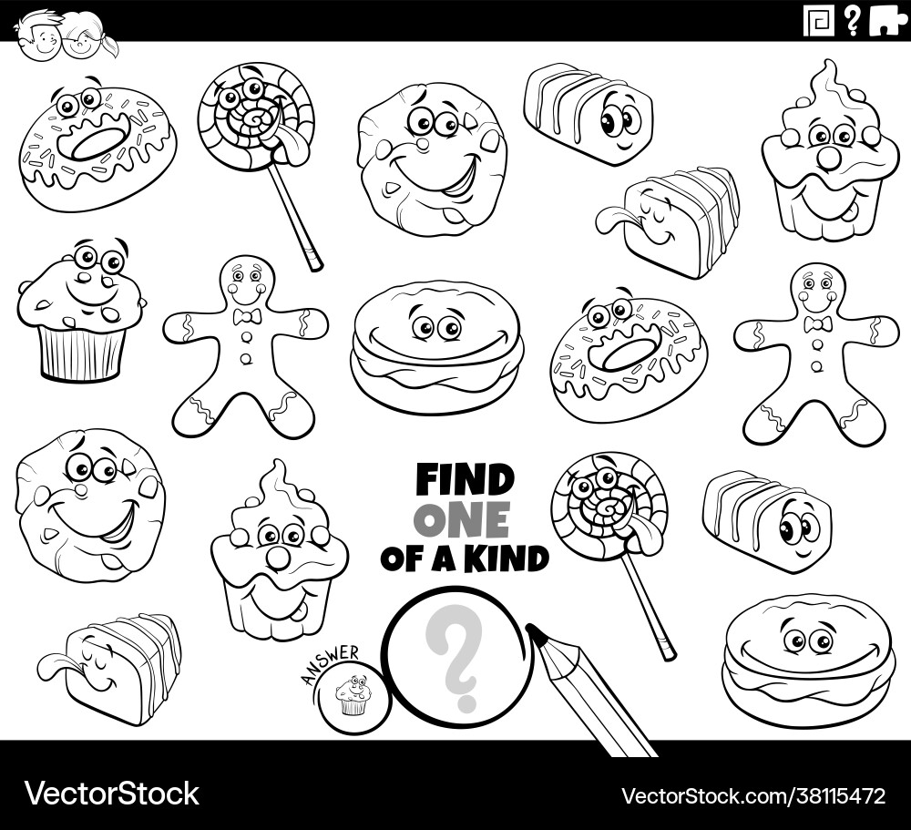 One a kind game with cartoon sweets coloring One a kind game with cartoon sweets coloring vector image