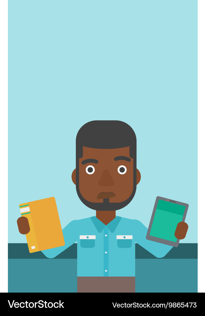 Man choosing between book and tablet computer Vector Image
