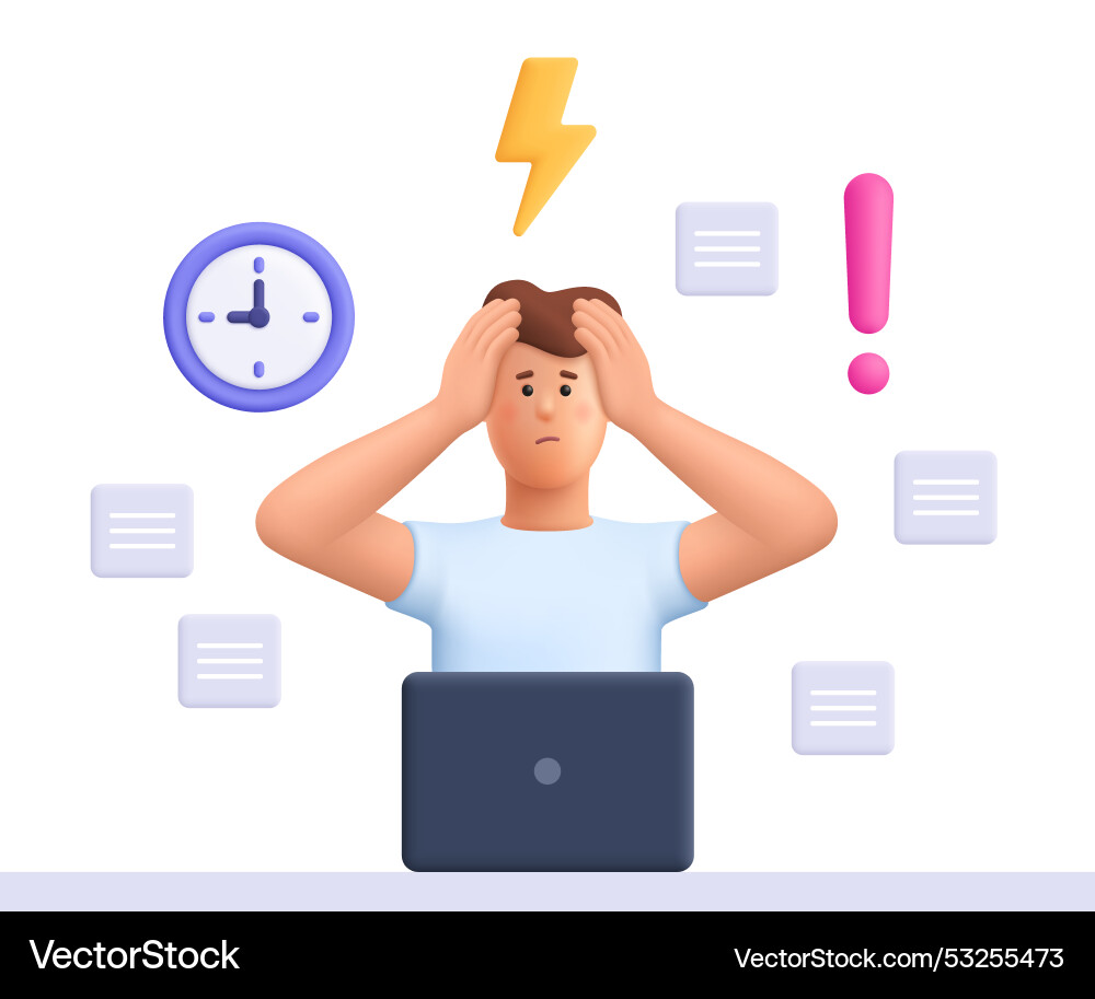 Stressed and busy man working on computer holding vector image