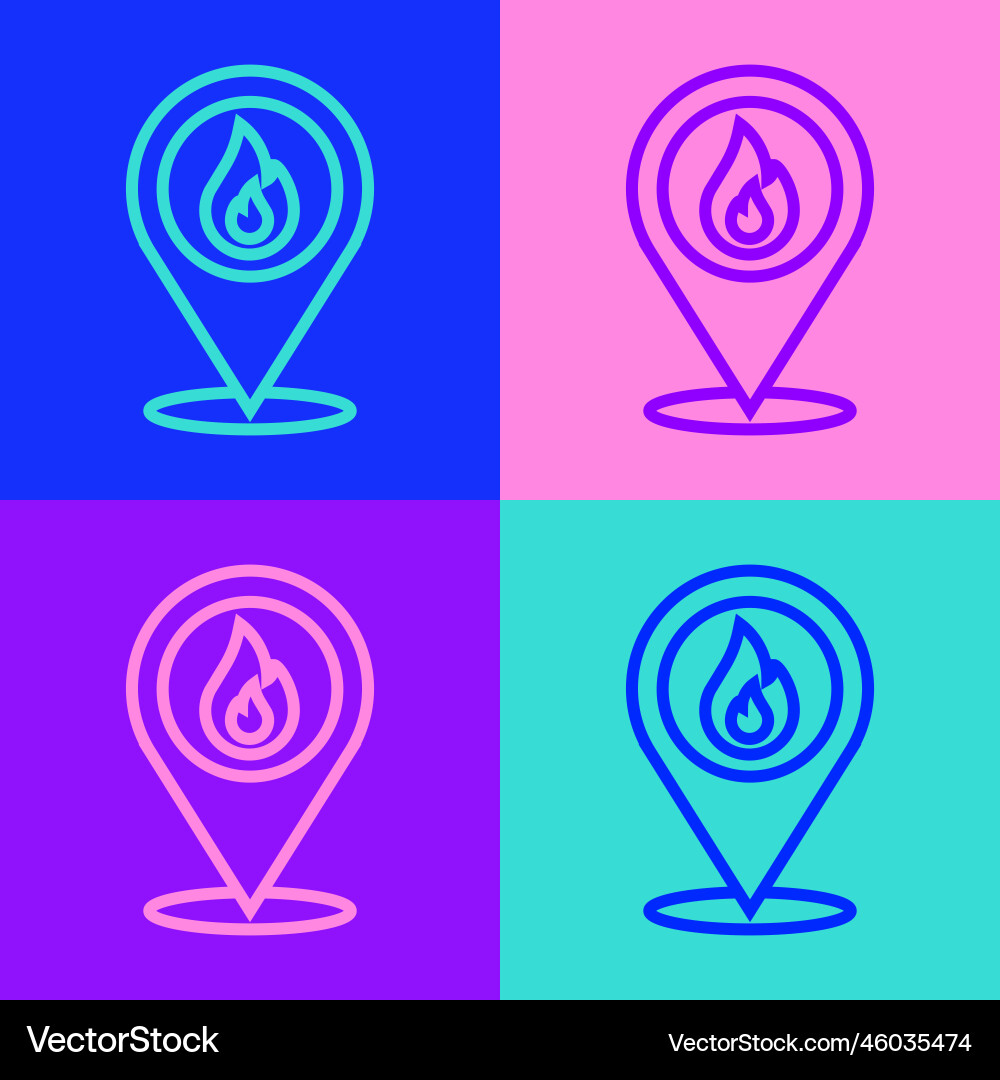 Pop art line map pointer with fire flame icon Vector Image