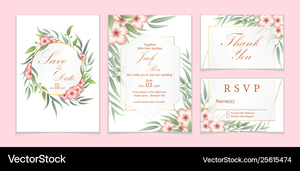 Wedding invitation set red geranium flowers Wedding invitation set red geranium flowers vector image