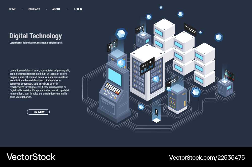 Isometric server room and big data processing Isometric server room and big data processing vector image