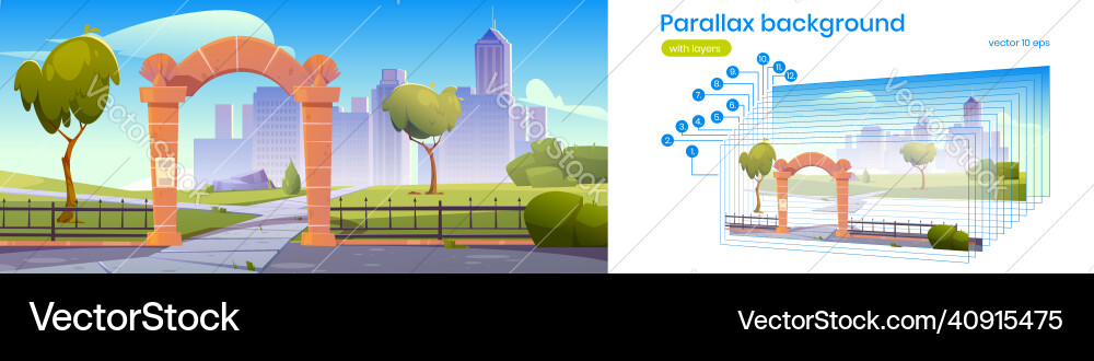 Parallax background with stone arch in city park vector image