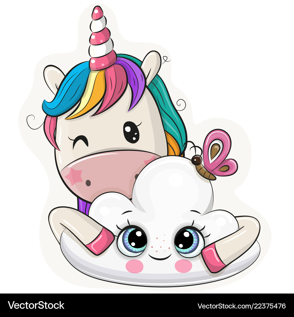 Cartoon Einhorn mit Wolke auf weißem Hintergrund Cartoon Einhorn mit Wolke auf weißem Hintergrund vektorbild