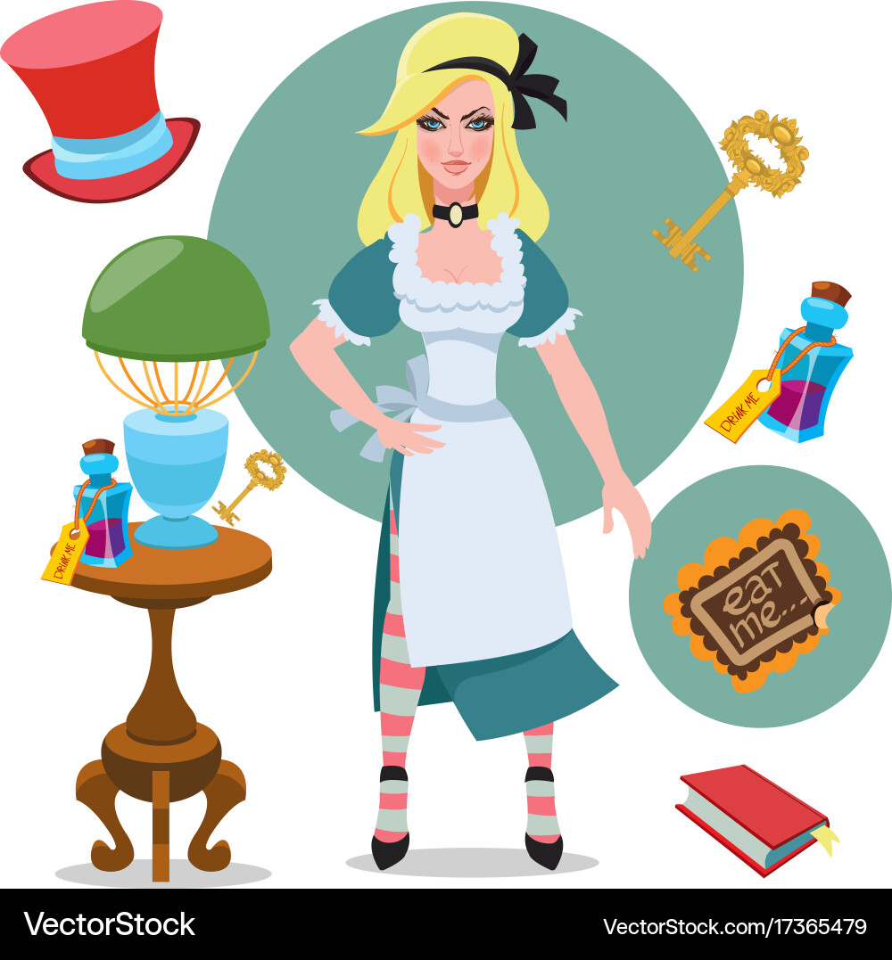Alice beside the table with magical objects Vector Image