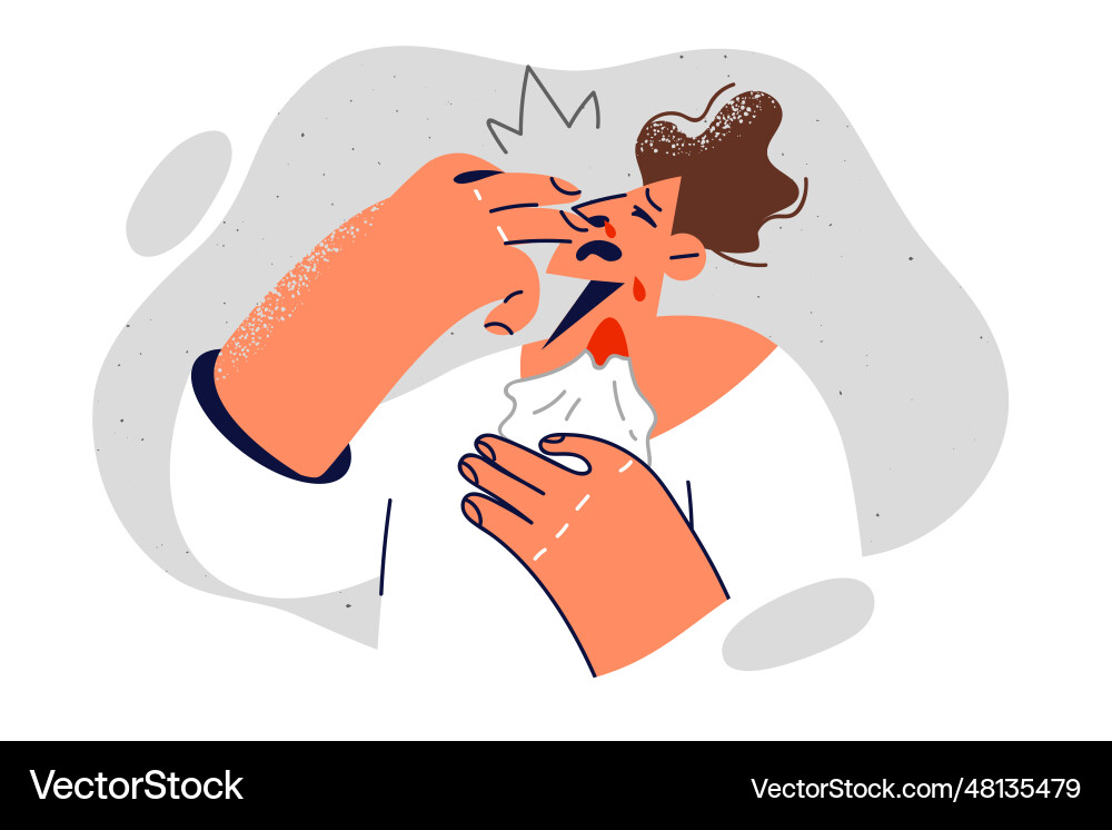 Man with nose bleed is holding towel and trying Man with nose bleed is holding towel and trying Vector Image