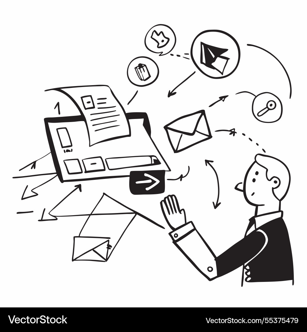 Operations manager with email follow ups concept Operations manager with email follow ups concept Vector Image