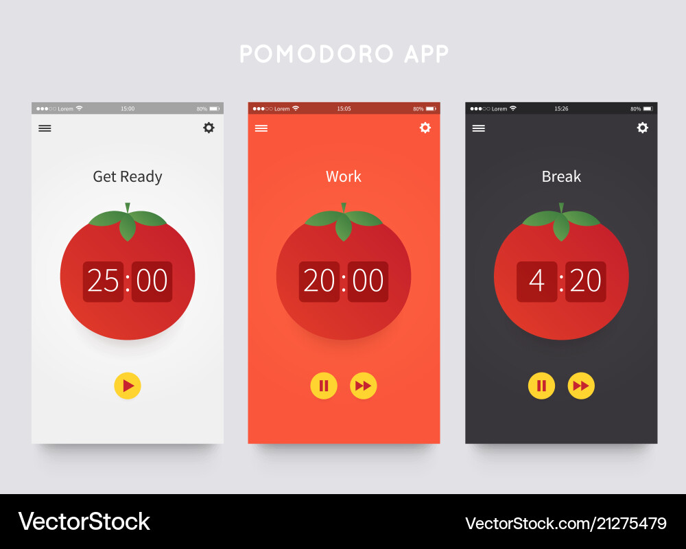 Pomodoro Clock App UI Vector Image
