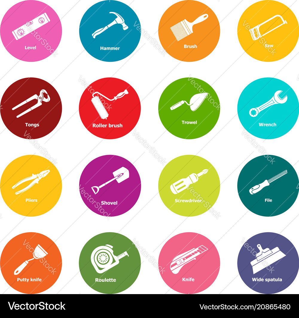 Building hand tool icons set colorful circles Vector Image
