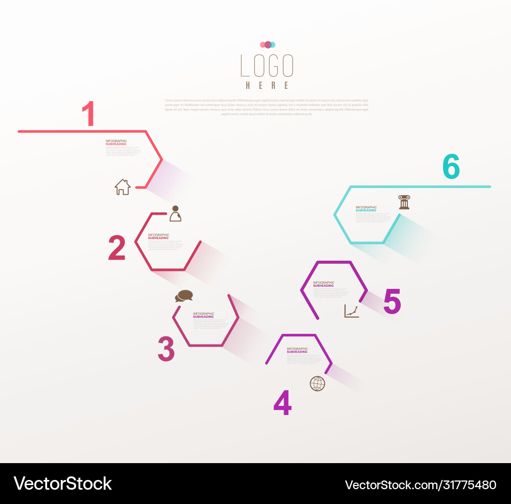 Six colorful hexagon progress steps with icons Vector Image