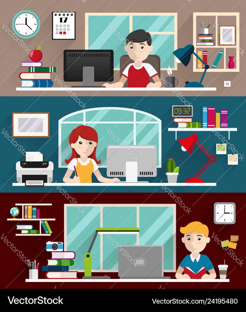 Students Studying with Books and Computers vector image