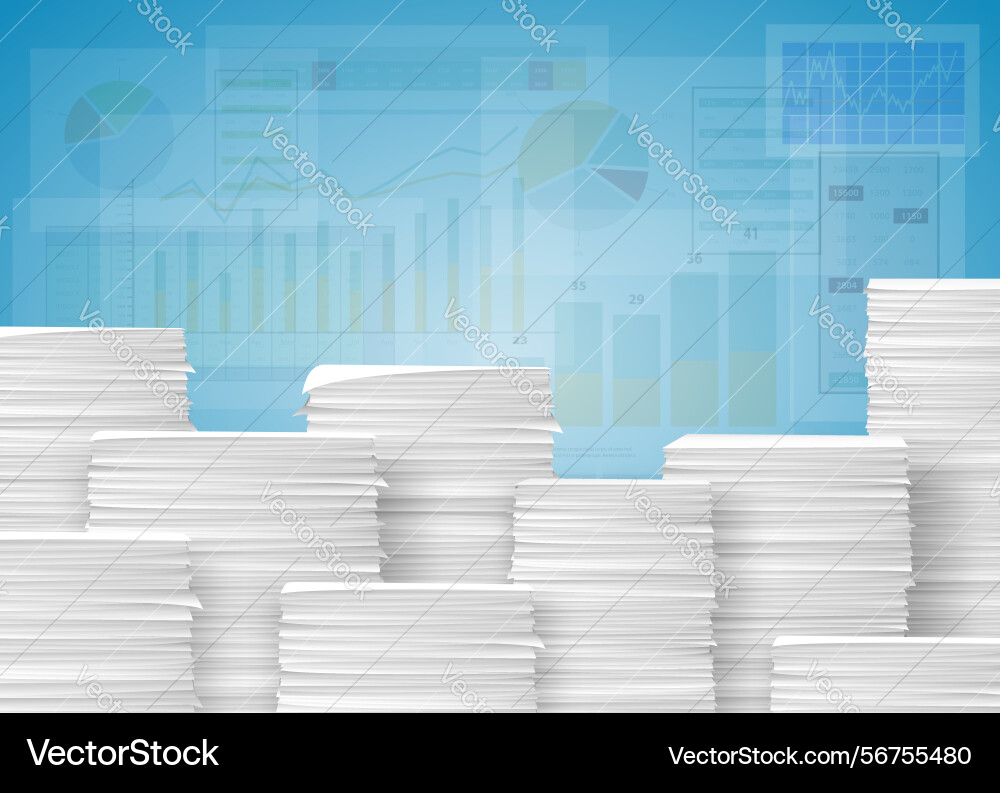 Workplace with stacks of paper documentation vector image