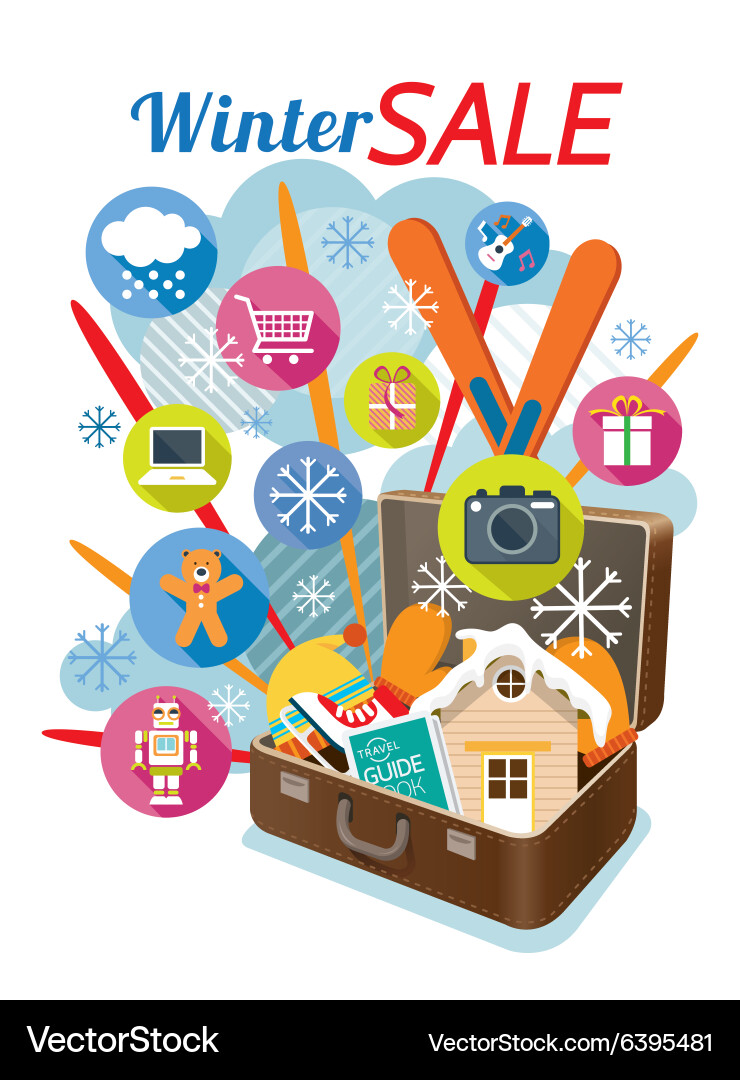 Suitcase with winter objects and icons Vector Image