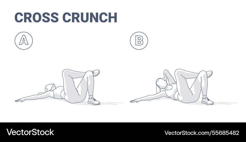 Cross crunches abs exercise step-by-step guide Vector Image