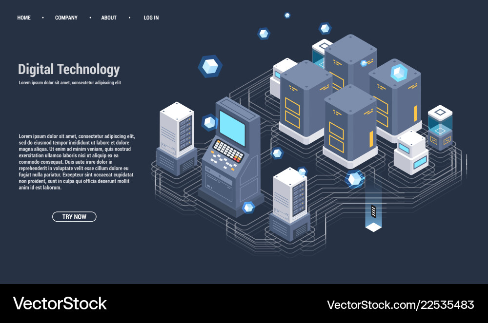 Isometric server room and big data processing Isometric server room and big data processing vector image