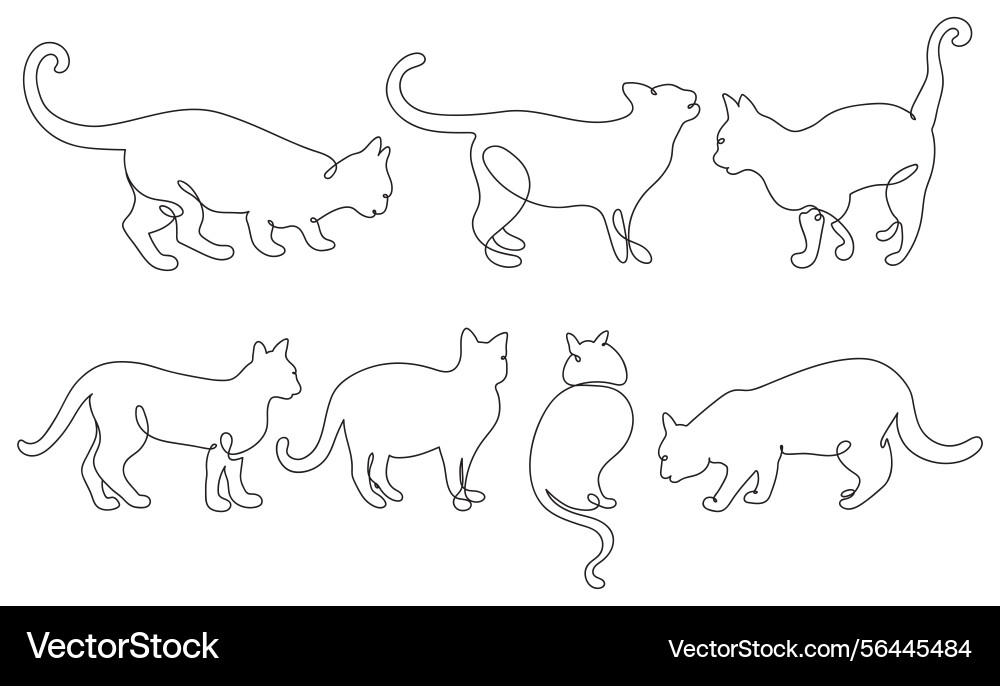 Cats set in continuous one line drawing style vector image