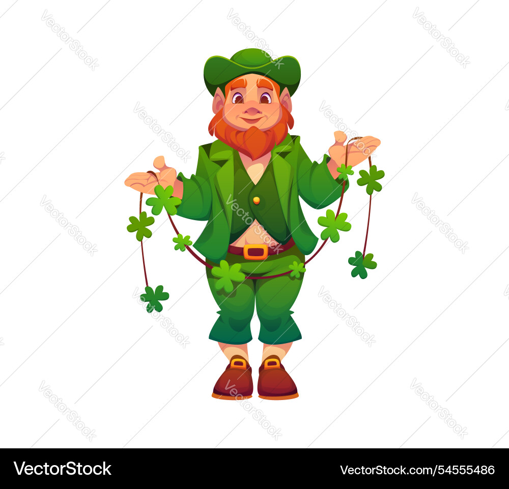 Cheerful cartoon leprechaun man holding shamrocks Cheerful cartoon leprechaun man holding shamrocks vector image