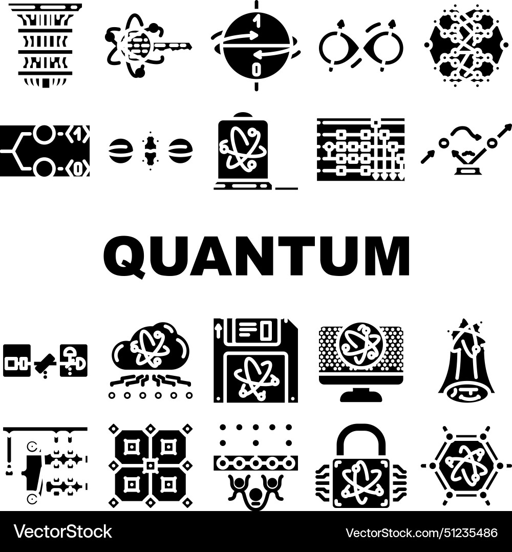 Quantum technology data network icons set vector image