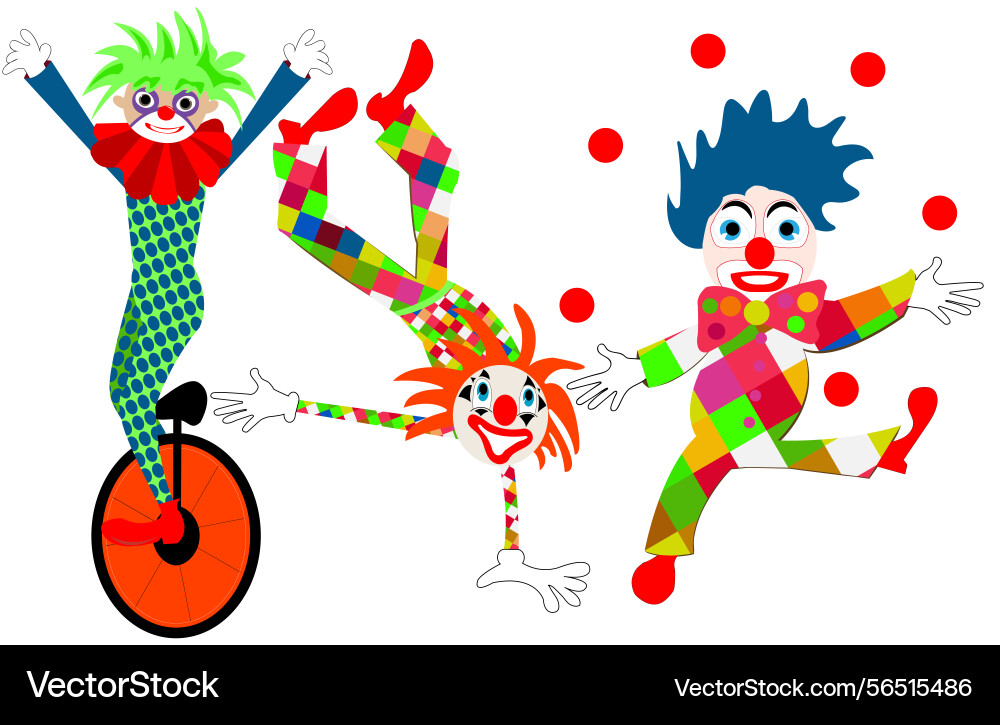 Three clown characters making tricks Three clown characters making tricks vector image
