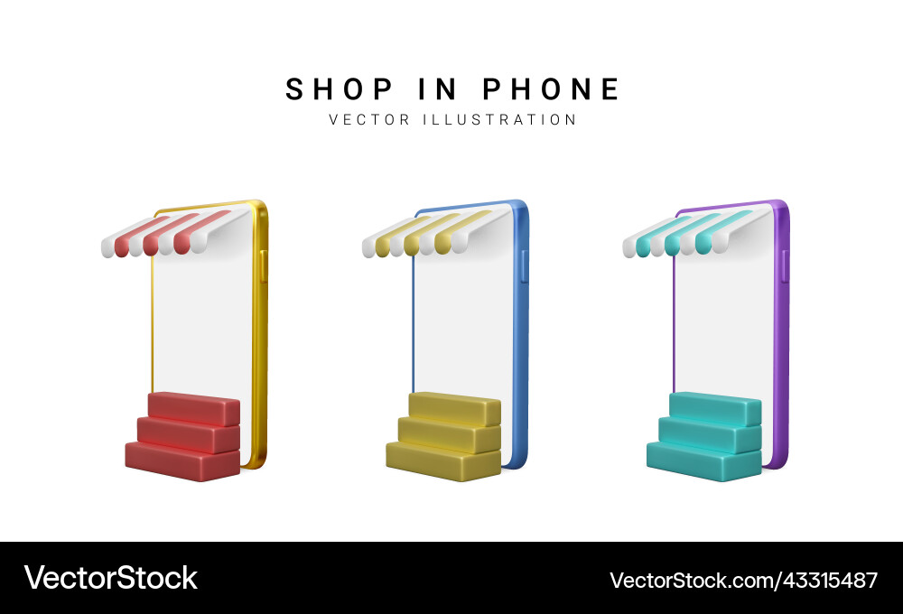 Set of colour 3d realistic store in your phone Set of colour 3d realistic store in your phone Vector Image