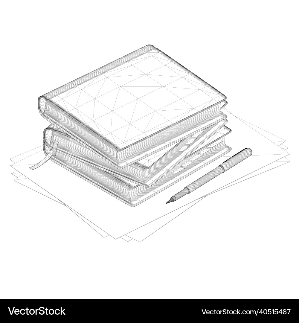 Wireframe of stack books with paper and pen Vector Image