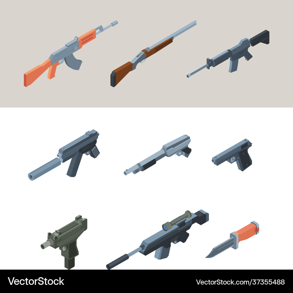 Soldiers guns isometric weapons automatic arms Soldiers guns isometric weapons automatic arms Vector Image