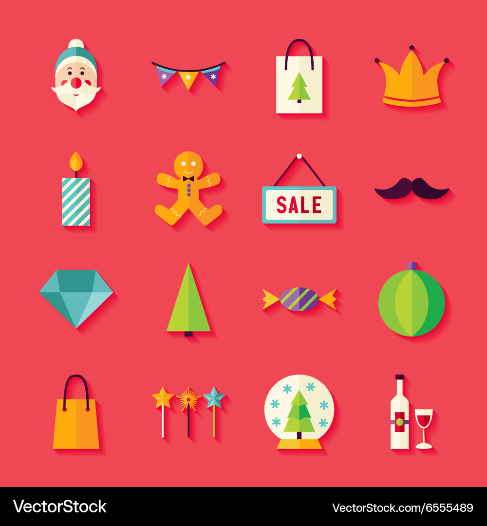 Flat winter happy new year objects set with shadow vector image