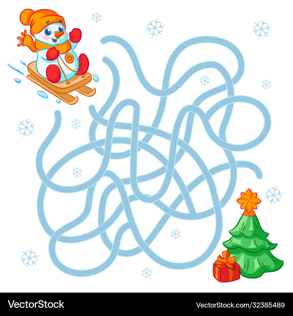 Help snowman find right path to spruce maze Help snowman find right path to spruce maze Vector Image