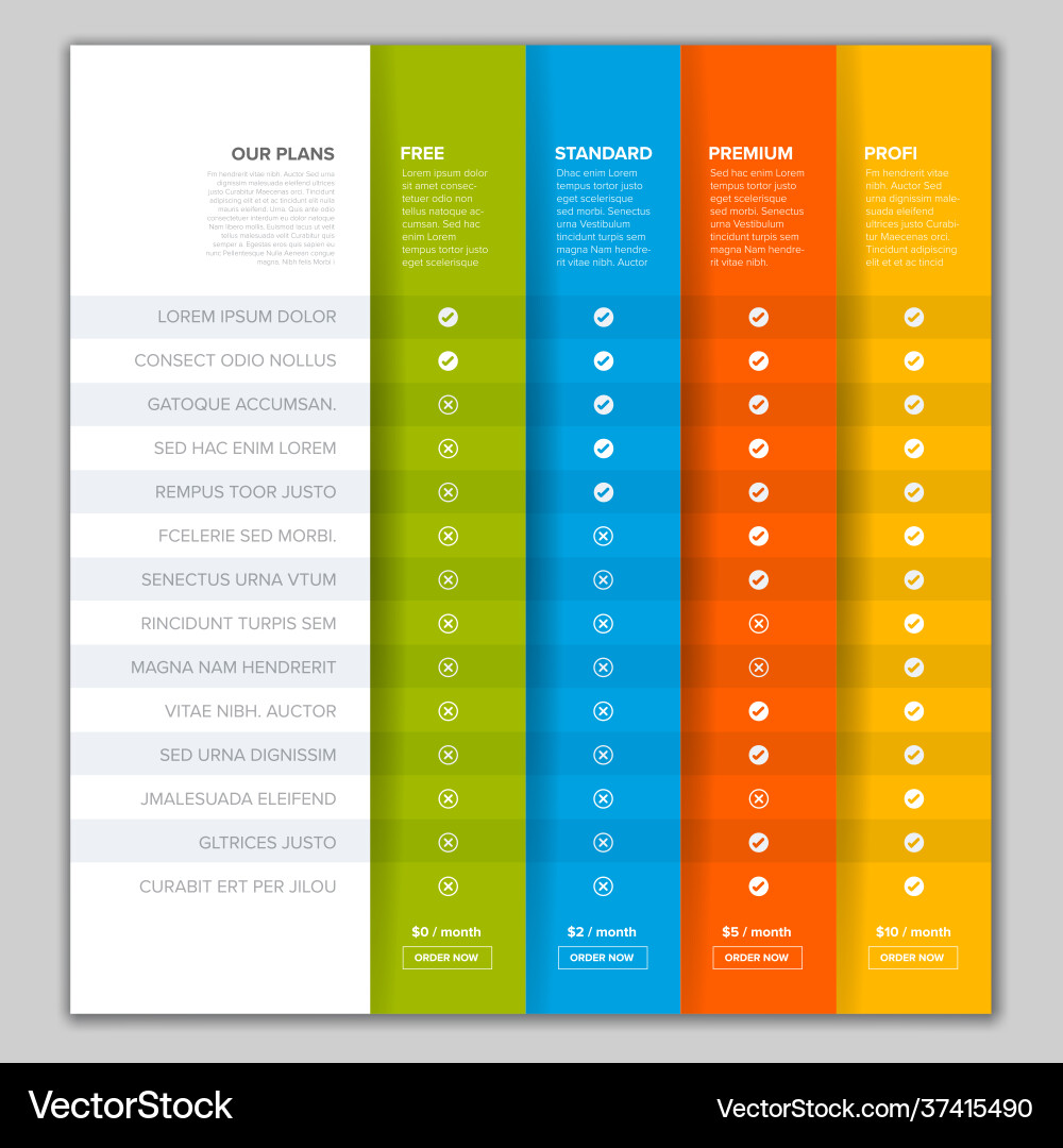 Products versions feature and price list table Vector Image