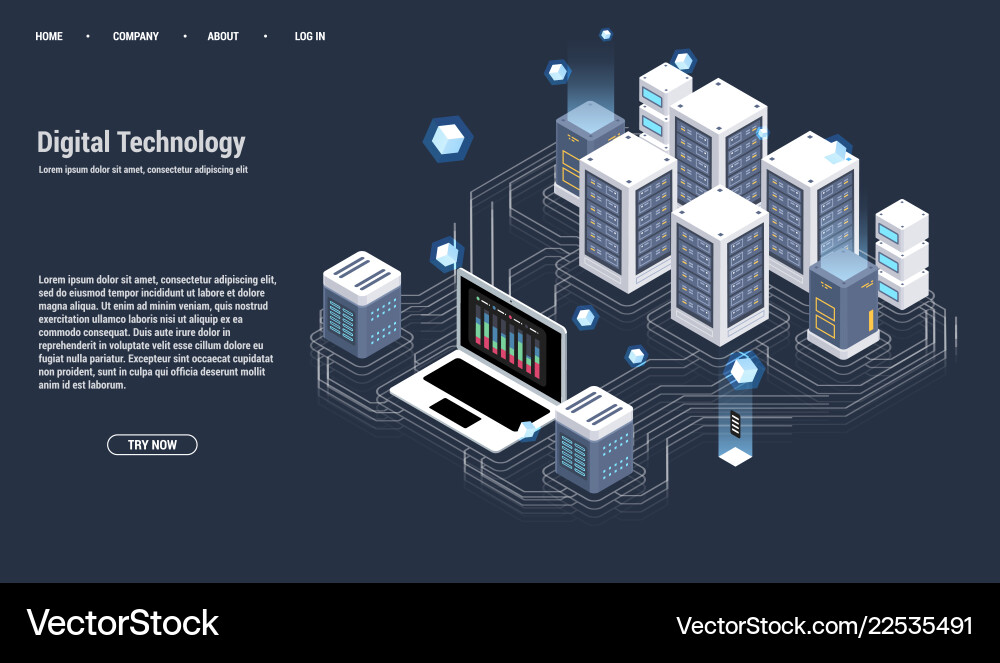 Isometric server room and big data processing Isometric server room and big data processing vector image