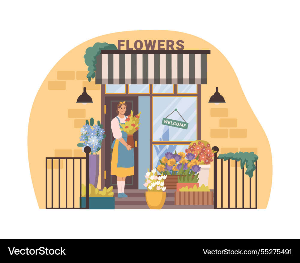 Open flower shop florist store female seller Open flower shop florist store female seller vector image