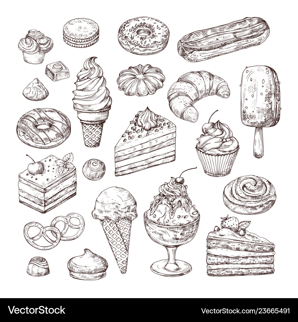 Sketch dessert cake pastry and ice cream apple vector image