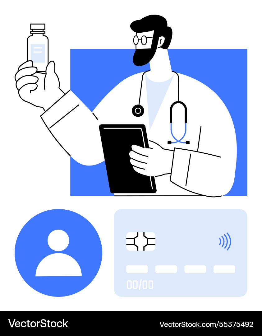Doctor reviewing patient data while holding Doctor reviewing patient data while holding vector image
