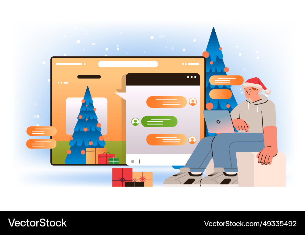 Man in santa hat having dialog computer app Vector Image