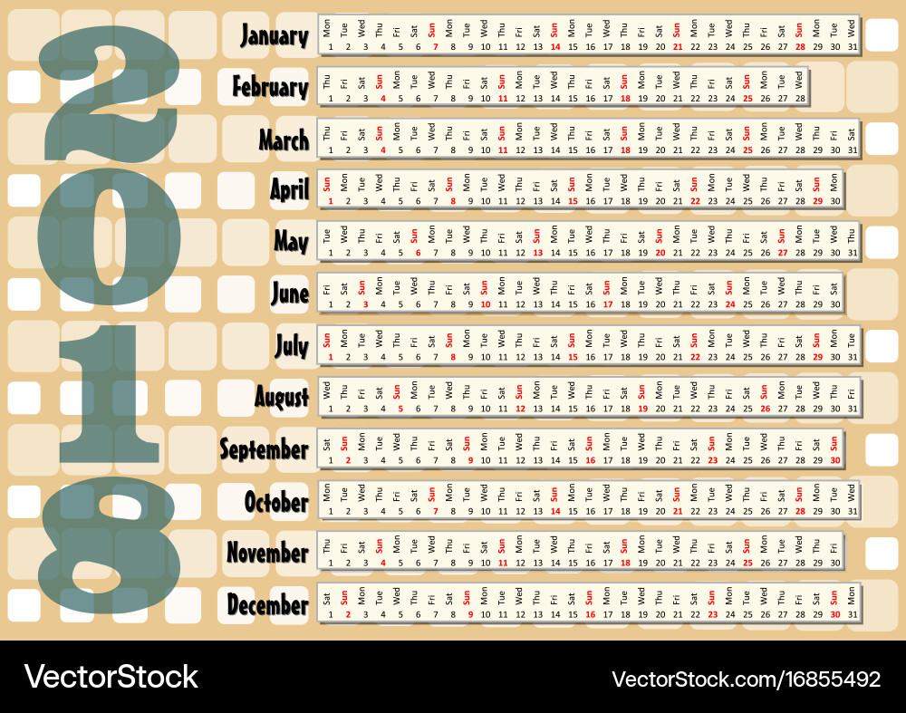 Simple horizontal calendar in unusual design Vector Image