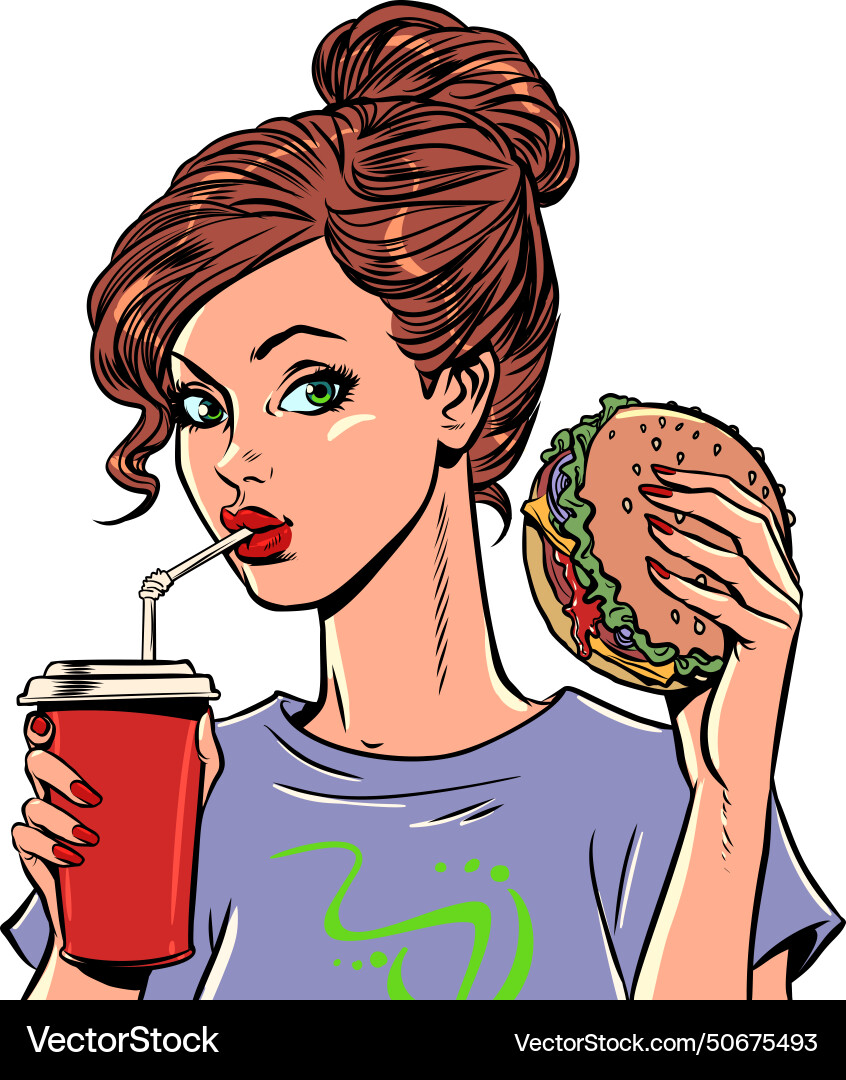 Girl eats a burger and soda appetizing fast Girl eats a burger and soda appetizing fast vector image