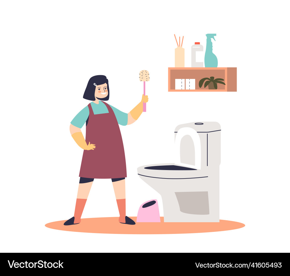 Mädchen Kind Reinigung Toilette im Badezimmer kleine Kind Mädchen Kind Reinigung Toilette im Badezimmer kleine Kind vektorbild