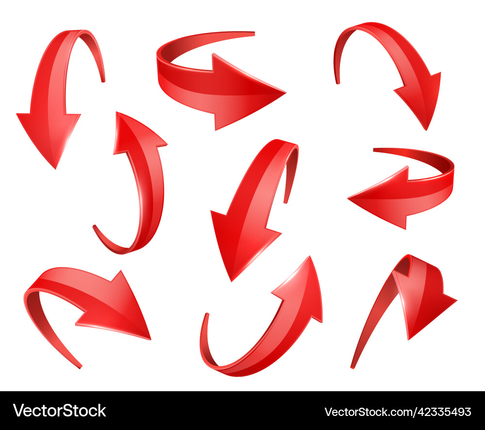 Red realistic glossy 3d curve arrows vector image