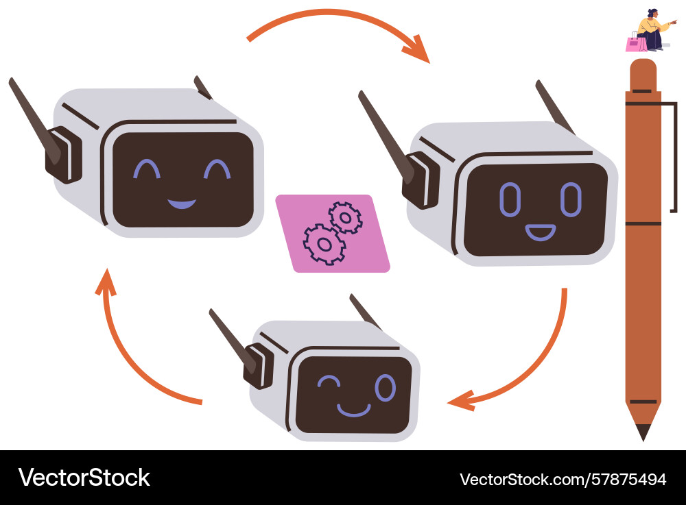 Robot workflow cycle with smiling robots gear Robot workflow cycle with smiling robots gear vector image