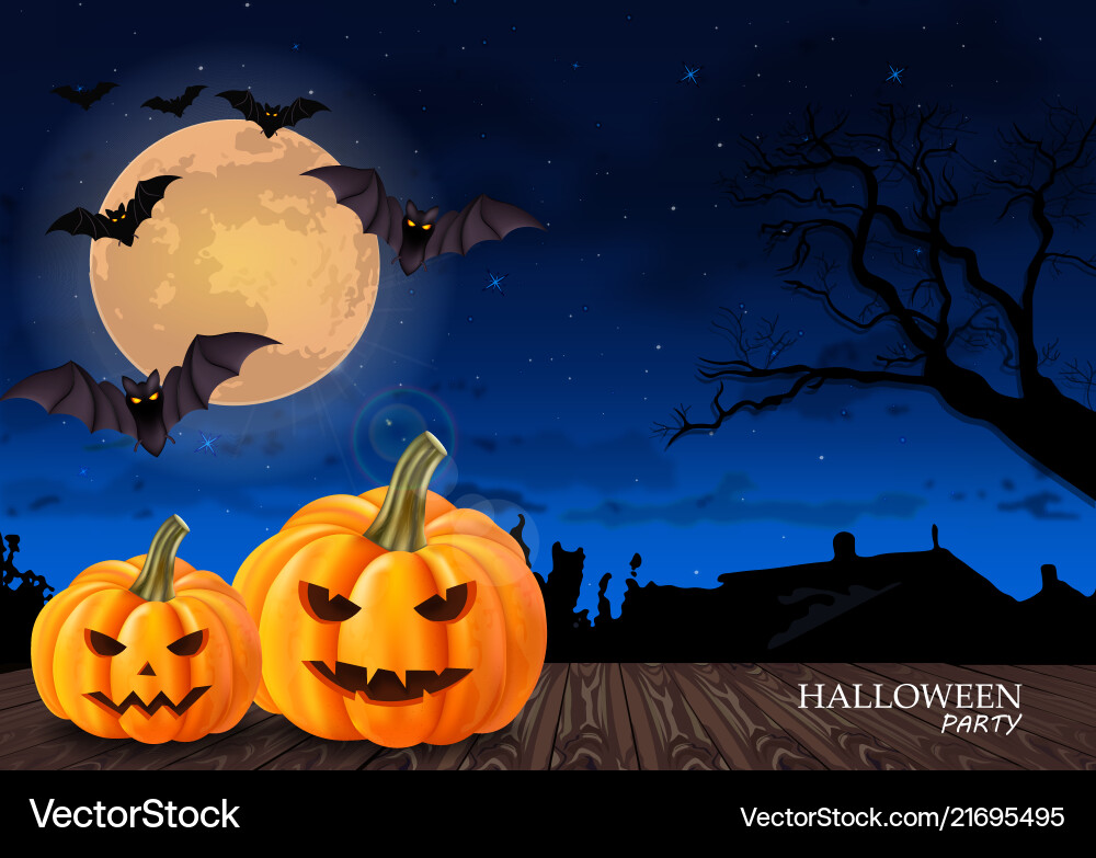 Halloween Card with Moon & Pumpkins Vector Image