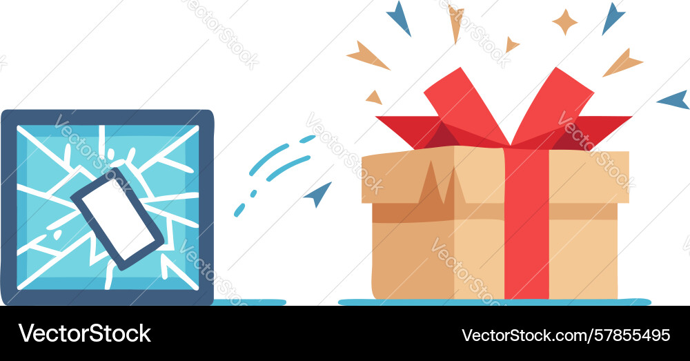 Shattered screen effect with exploding gift box Vector Image