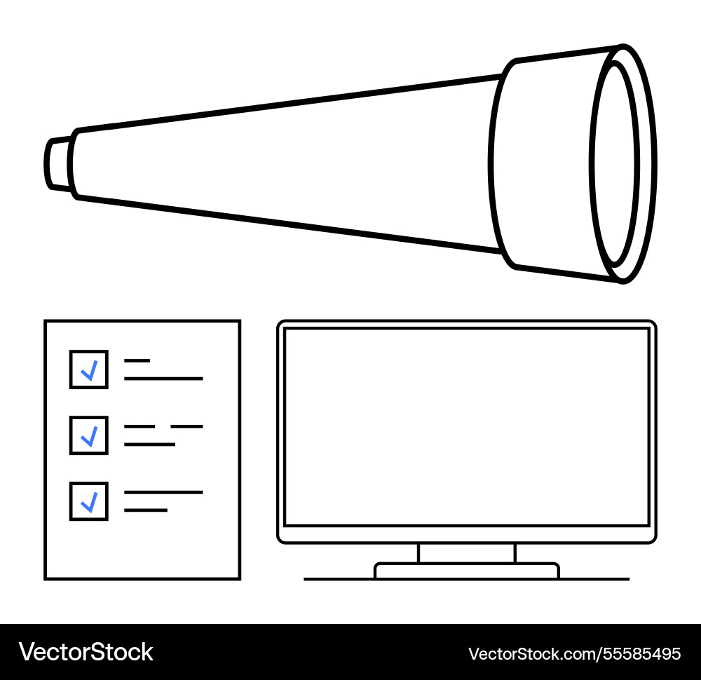 Telescope with checklist and monitor representing Vector Image