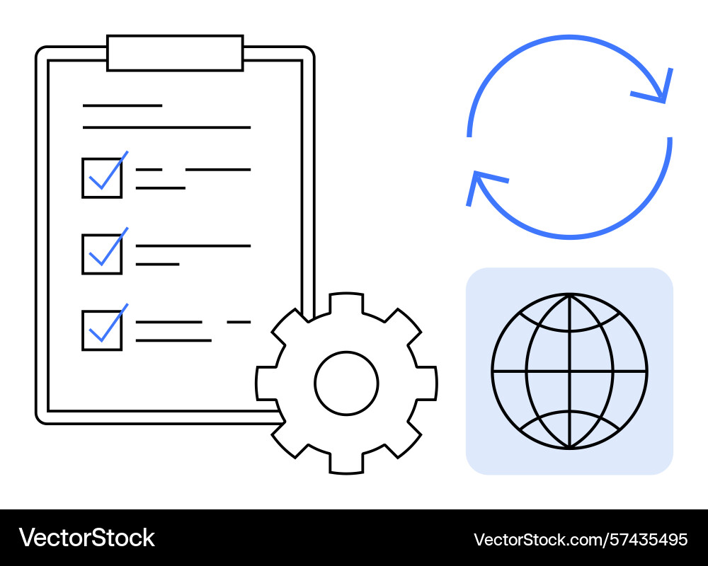 Workflow optimization with checklist gear globe Workflow optimization with checklist gear globe vector image