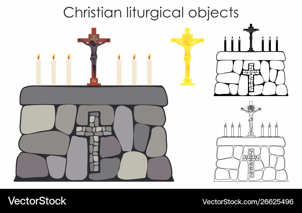 Christian liturgical objects and stone table Christian liturgical objects and stone table Vector Image
