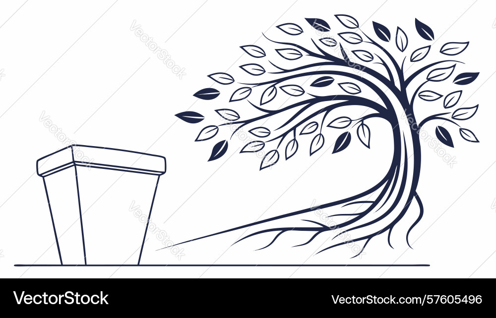 Dynamic tree with spreading roots and pot outline Vector Image