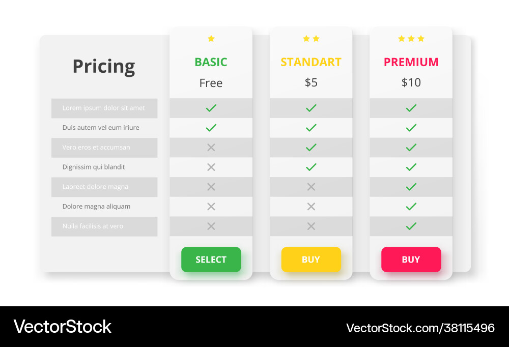 Pricing List UI Template vector image